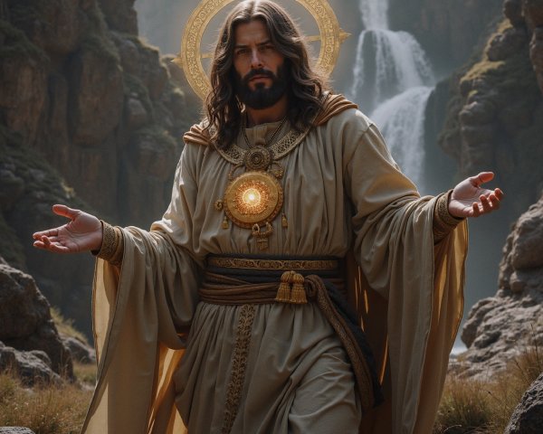 Serene figure in robes with halo in natural setting