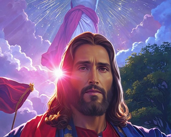 Resurrected Christ Figure in Vibrant Cloud Scene