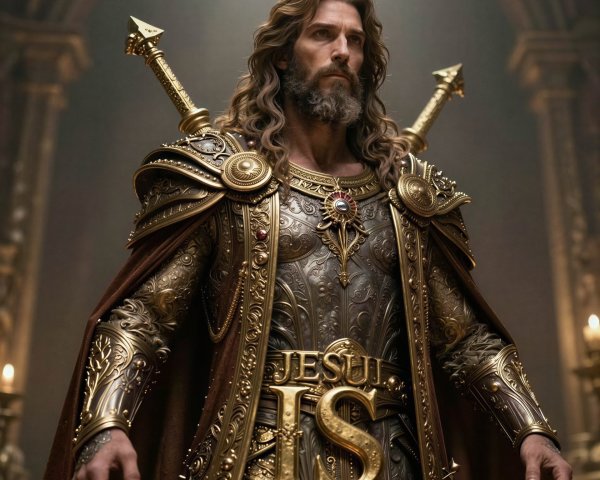 Close-up of a bearded man in ornate gold armor