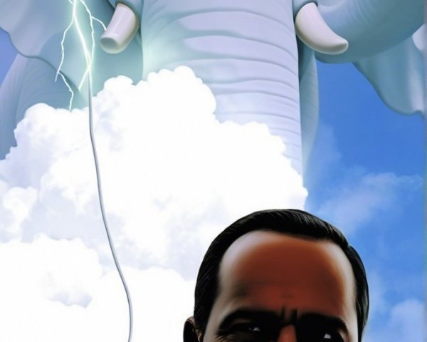 Surreal Scene of a Man and Elephant in Clouds