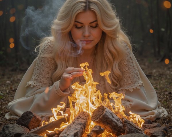 Woman in Forest by Campfire with Serene Atmosphere