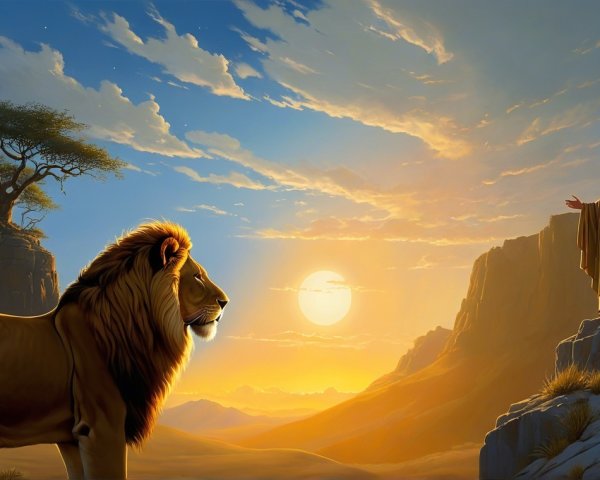 Lion in Golden Landscape at Sunset with Figure