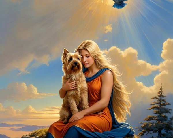 Young Woman in Orange and Blue Gown with Dog Outdoors
