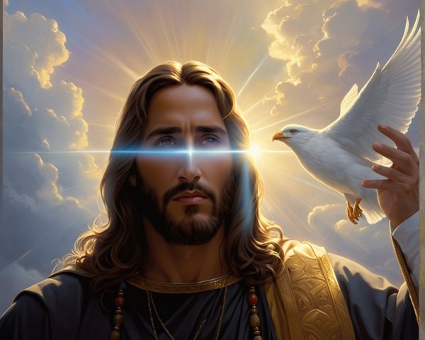 Serene figure with dove in a celestial atmosphere