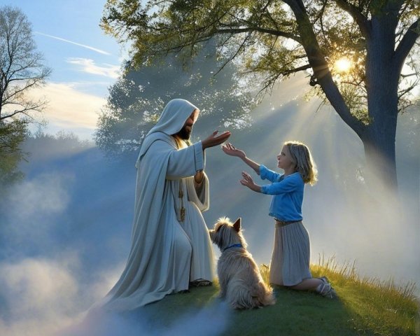 Serene Landscape with Figure, Girl, and Dog in Mist