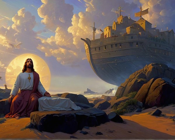 Serene Landscape with Figure in Prayer by the Shore
