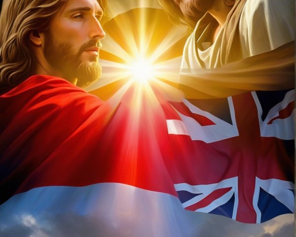 Figures Symbolizing Divinity and Heritage with Flags