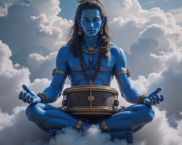 Majestic figure in clouds with blue skin and drum