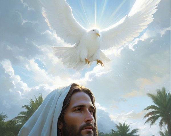 Biblical Figure in Lush Greenery with Dove and Light
