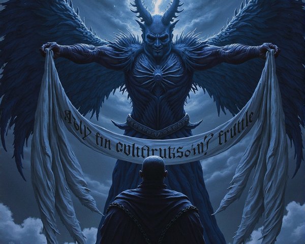 Dramatic Scene of Dark Figure with Wings and Lightning