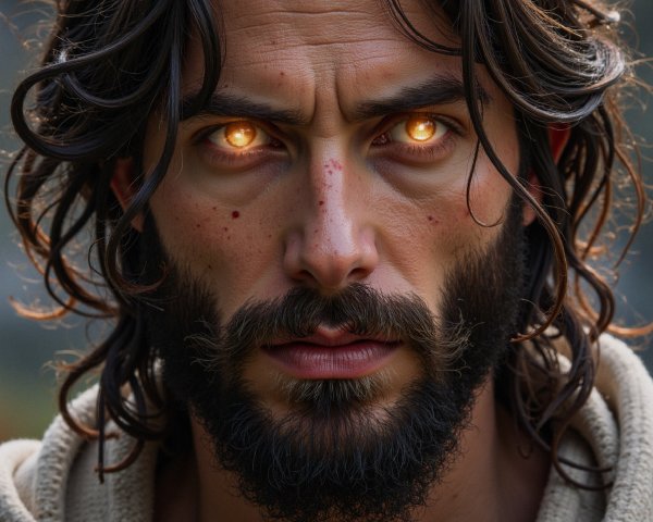 Man with Long Hair and Ominous Orange Eyes