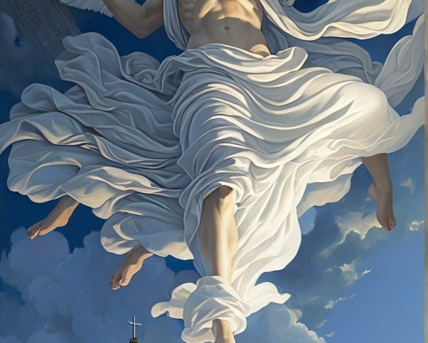 Celestial Figure with Wings Above Majestic Temple Scene