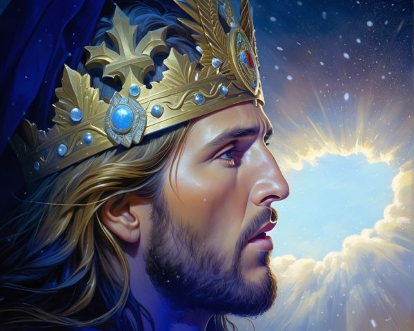 Regal figure with golden crown and dramatic sky backdrop