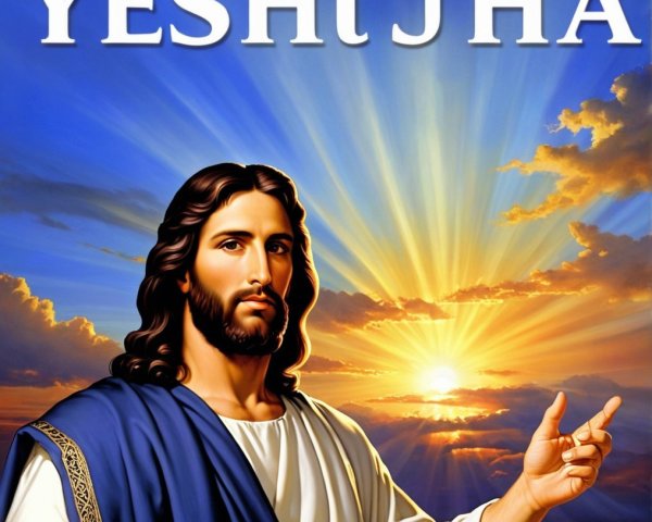 Serene figure in blue robe with radiant sunrise backdrop