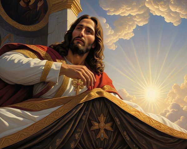 Serene Figure in Ornate Robes Under Soft Light