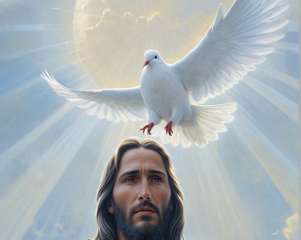 Serene Figure in White Robes with Dove and Sunlight