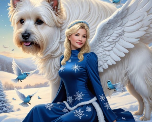 Serene winter scene with woman, dog, and bluebirds