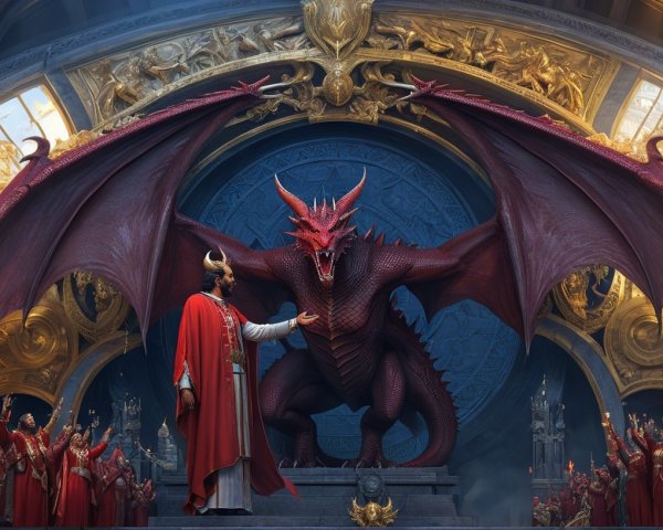 Man in Red Robe with Dragon Statue in Grand Chamber