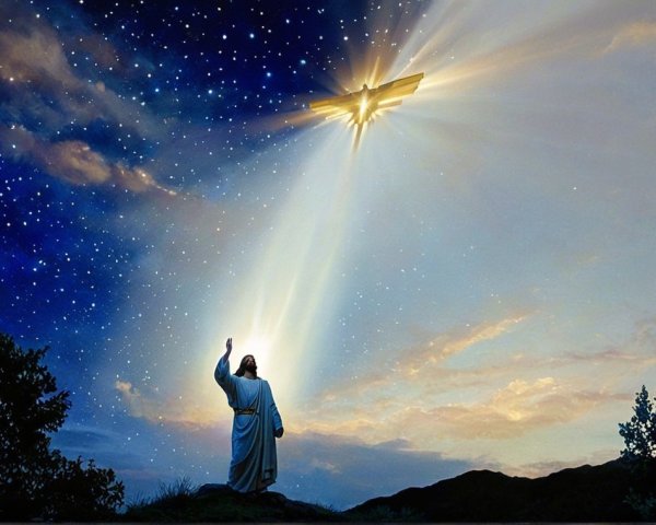 Serene Twilight Landscape with Celestial Light and Figure