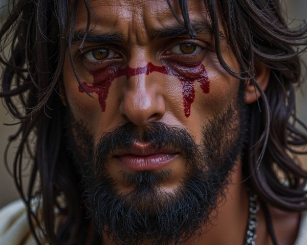 Close-Up of Man with Long Hair and Dramatic Features