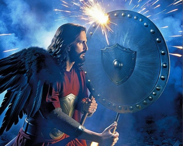 Heroic figure in red tunic with black wings and shield