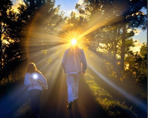 Sunlit Path with Person and Child in Tranquil Scene