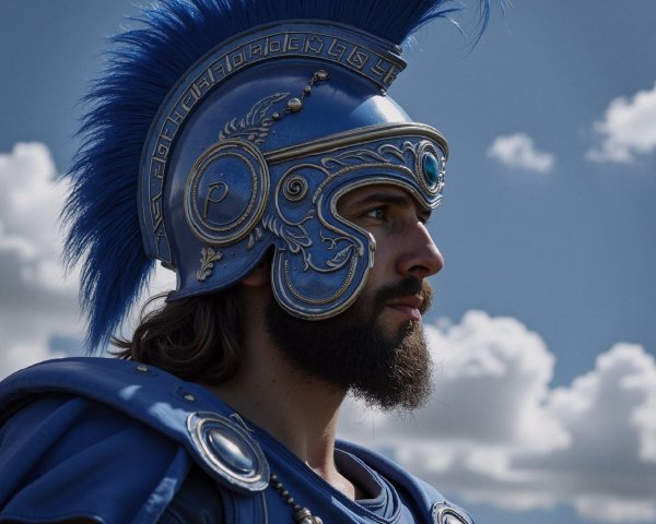 Warrior in Blue Armor Against Cloudy Background