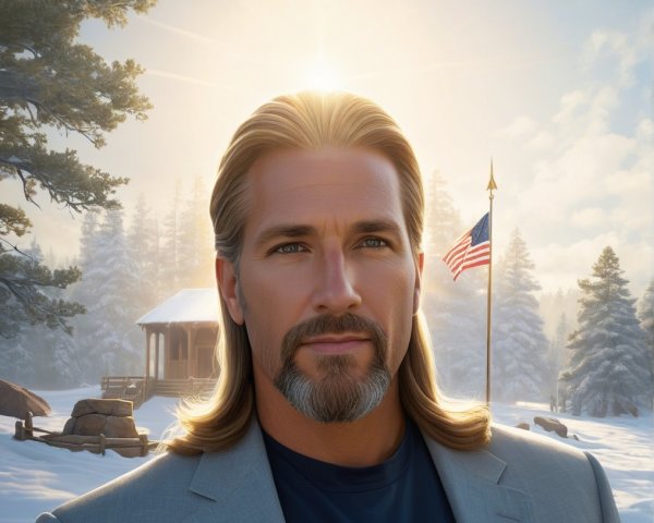 Confident Man in Snowy Landscape with Cabin and Flag