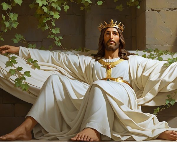 Serene Figure in White Robes Surrounded by Green Vines