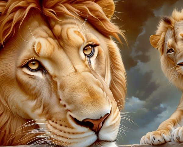 Majestic Lions with Dramatic Backdrop and Striking Features