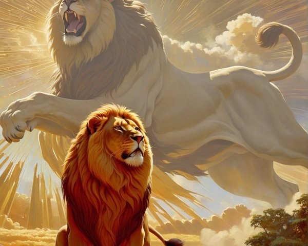 Majestic Lions in Dramatic Golden Light Background