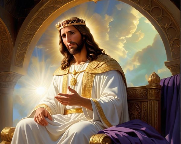 Regal figure on ornate golden throne with divine light