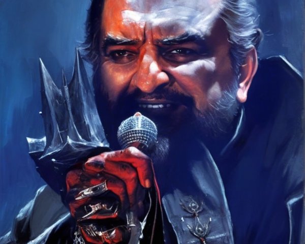 Charismatic figure with horns in dark attire and microphone