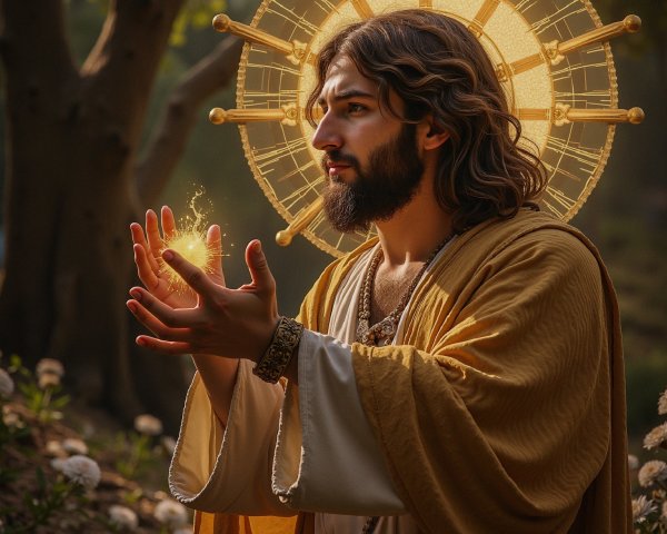 Serene figure in golden robe in sunlit forest