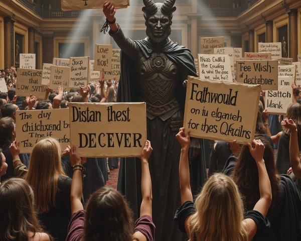 Dark Deity Surrounded by Followers in Grand Hall