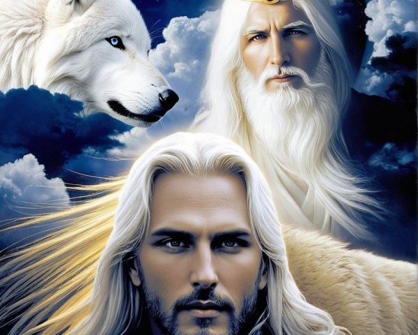 Majestic White Wolf and Regal Figure in Fantasy Scene