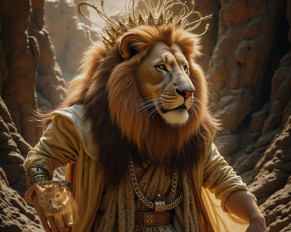 Lion with Crown and Jewelry in Rocky Landscape