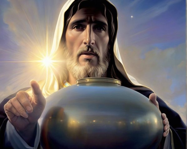 Serene Figure Holding Vessel Against Ethereal Sky