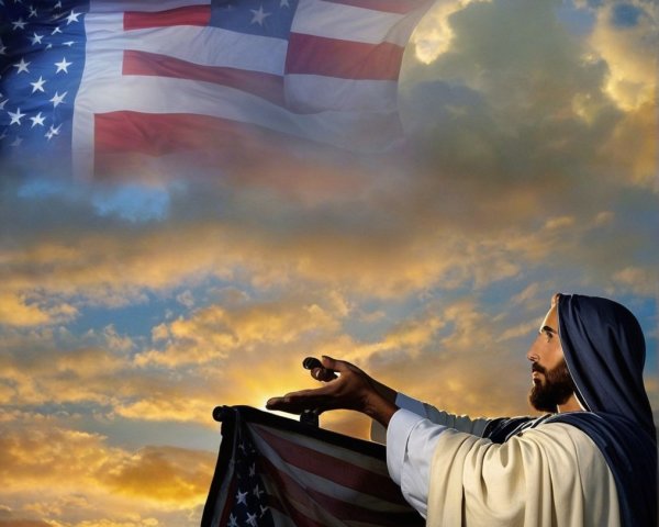 Jesus Figure Draped in American Flag Against Sunset