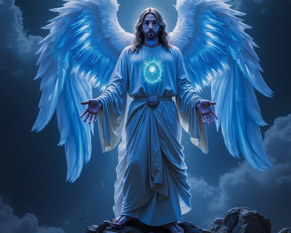 Majestic angel with luminous circle and feathered wings