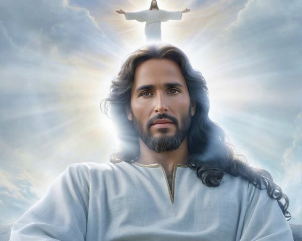 Serene figure in white garment with radiant backdrop