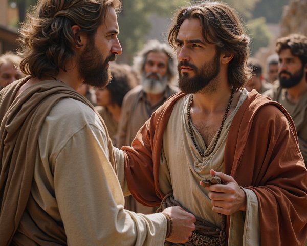 Men in Conversation Amidst an Ancient Gathering