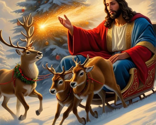 Winter Landscape with Figure, Christmas Tree, and Reindeer