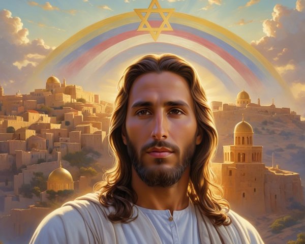 Ethereal Figure in Ancient Cityscape with Rainbow
