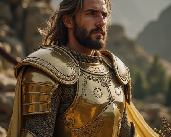 Heroic Figure in Golden Armor in Fantasy Landscape