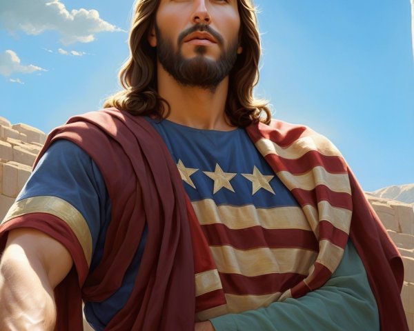 Stylized Figure in American Flag Robe Against Sky