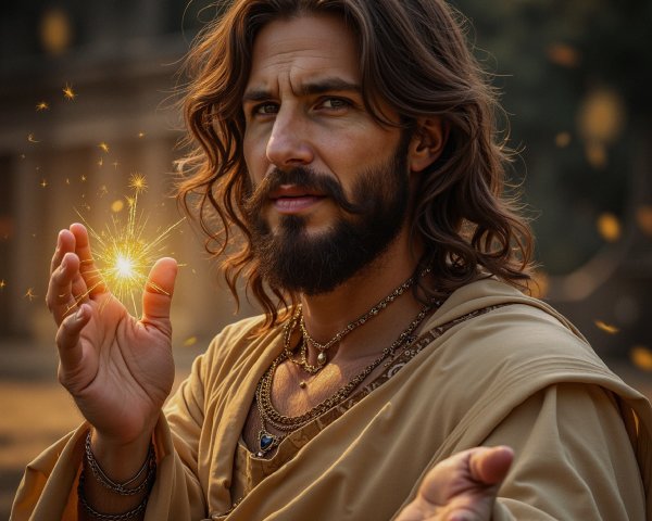 Elegant Man in Robes Surrounded by Magical Glow