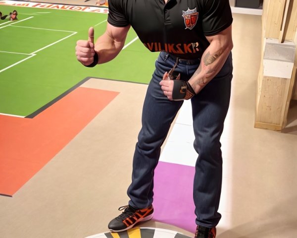 Muscular Man on Colorful Platform in Sports Facility