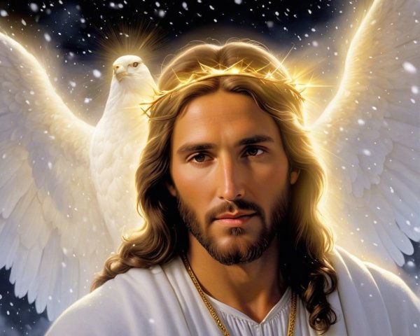 Serene figure in white garments with dove and glow