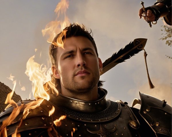 Medieval Armored Man Surrounded by Flames and Drama
